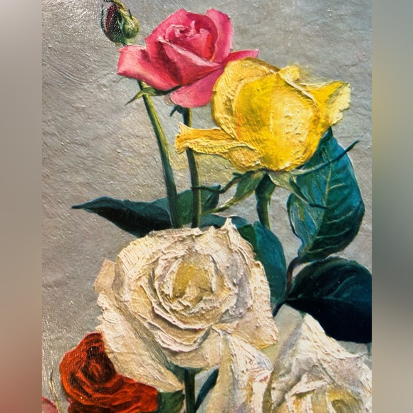 VINTAGE 1960’S FLORAL ROSES LITHO ART PRINT SIGNED BY NINETTA 12”x24” - Picture 2 of 7